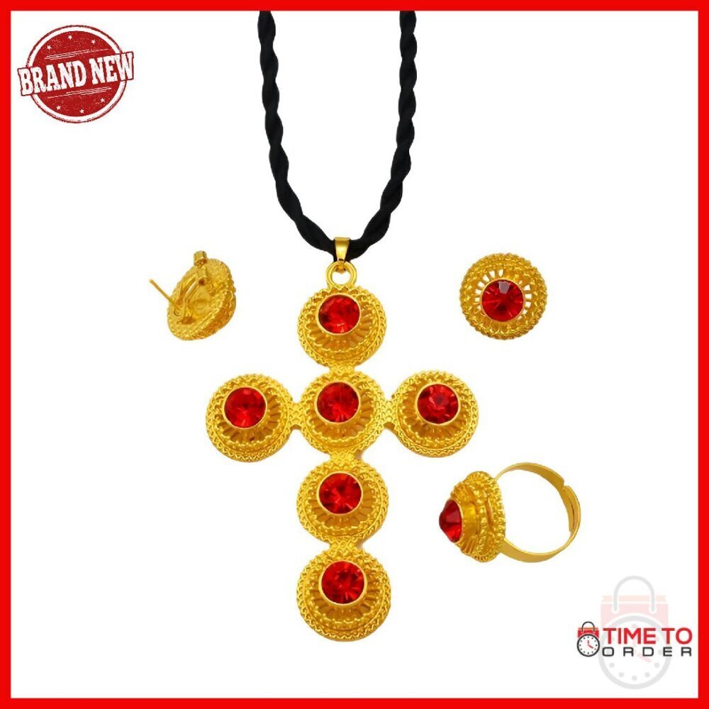 14K Gold Filled Ethiopian Cross Jewelry Set Necklace Earrings